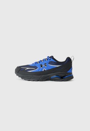Men's sneakers in blue and black; mesh upper with synthetic overlays; rubber outsole; features laces and a pull tab at the heel.