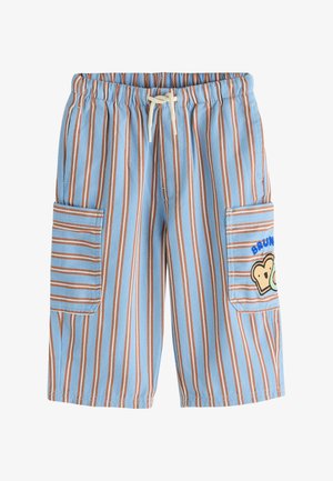 Pantaloncini da bambino a righe verticali blu e marroni con vita elasticizzata, coulisse bianca, tasche laterali e toppa a tema pane sulla tasca destra.