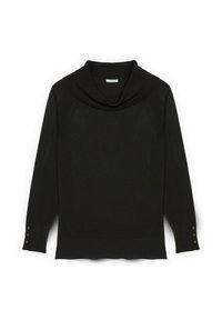 Maglione nero con collo a cascata, texture a costine, maniche lunghe e dettagli in metallo dorato ai polsini. Tessuto morbido con una vestibilità comoda.
