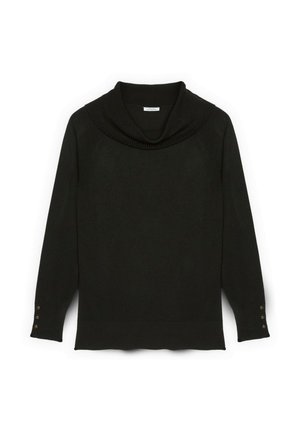 Zwarte trui met een col, geribbelde textuur, lange mouwen en gouden knoopaccenten bij de manchet. Zacht materiaal met een relaxed fit.