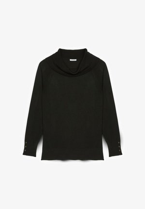 Sort sweater med en krave, ribbet struktur, lange ærmer, og guldknapdetaljer ved manchetterne. Blødt stof med en afslappet pasform.