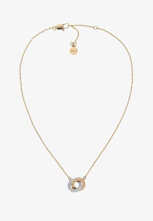 Arany láncnyaklánc összekapcsolódó kör alakú medálokkal, az egyik ezüst, a másik arany, gravírozott díszítéssel és homárkapoccsal.