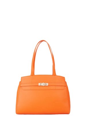 Borsa a mano in pelle arancione con due manici lunghi, forma strutturata, tasca frontale e dettagli in metallo argento. Texture liscia senza motivi visibili.