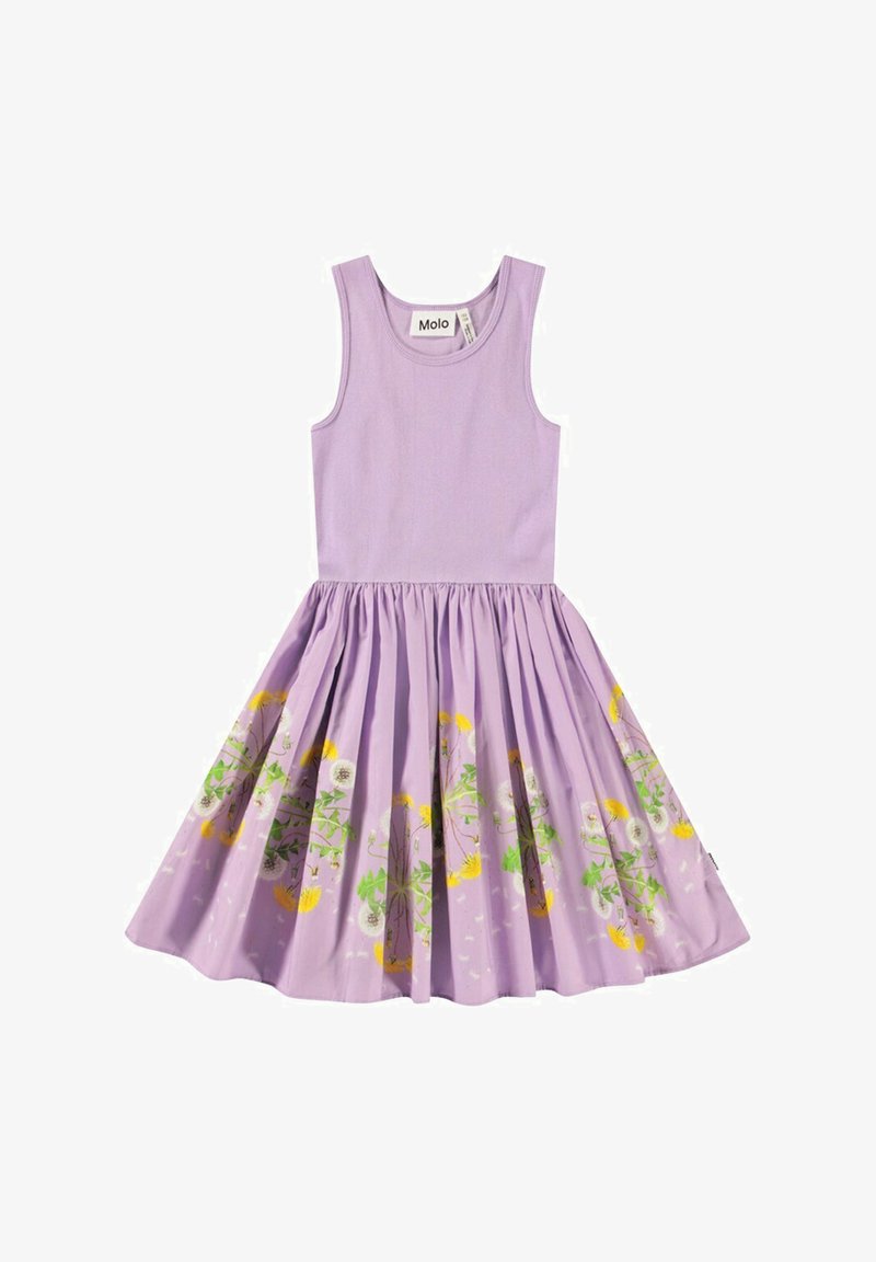 Lavendelfarbenes ärmelloses Kleid mit einem gerafften, ausgestellten Rock, der mit floralen Drucken in Gelb und Grün verziert ist. Hergestellt aus weichem, atmungsaktivem Stoff.