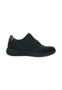 Black low-top sneaker with lace-up closure, suede and smooth textures, and a thick rubber sole, shown from the outer side.