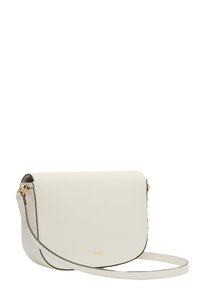 Borsa a tracolla in pelle bianca con pattina curvata, dettagli in metallo dorato, tracolla regolabile e logo del marchio impresso sul fronte.