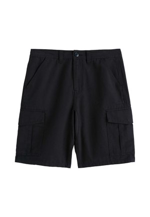 Pantalones cortos cargo negros hasta la rodilla con cierre de botones en la parte delantera, bolsillos laterales diagonales y bolsillos con solapa en ambos muslos.