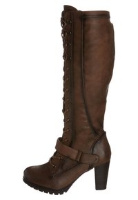 Brązowy kozaki z syntetycznej skóry do kolan, z przodem na sznurowadła, bocznym paskiem, masywnym obcasem, fakturowaną powierzchnią i wytrzymałą podeszwą zapewniającą przyczepność.
