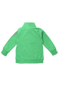 Green sweatshirt with a high collar, long sleeves, and ribbed cuffs. Features a gray star accent on the left shoulder. Smooth texture.
