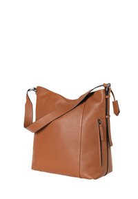 Borsa a spalla in pelle marrone con superficie testurizzata, una singola tracolla regolabile e una tasca laterale con zip dotata di un pomello in pelle.