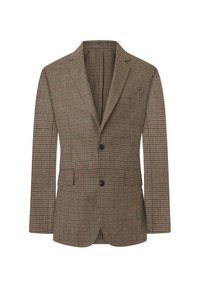 Herrenblazer in braunem und grünem Hahnentrittmuster mit العناةunke, zwei Knöpfen, Klappentaschen und einer Brusttasche, auf weißem Hintergrund präsentiert.
