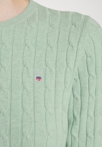 Lichtgroene kabelgebreide trui met een ronde halslijn en een klein geborduurd embleem in rood en blauw op de linkerborst.