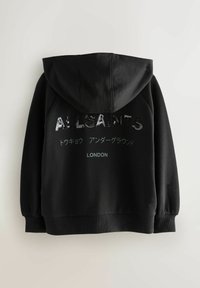 Felpa nera con cappuccio e testo in paillettes "ALLSAINTS" e ulteriore testo in giapponese. Presenta polsini e orlo a costine, texture di tessuto morbido.