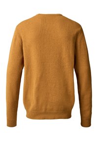 Senfgefärbener Strickpullover mit Rundhalsausschnitt, langen Ärmeln und gerippten Bündchen sowie Saum. Weiche Textur mit einem schlichten Design.