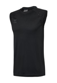 Maglietta sportiva nera senza maniche con pannelli in mesh sulle spalle e piccolo logo sulla parte superiore sinistra del petto.