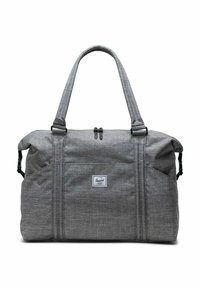 Sac de voyage en tissu gris avec double poignées, poche zippée à l'avant et petit patch logo rectangulaire au centre.