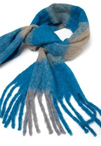 Wollen sjaal met blauwe en beige kleurvakken, met franjes aan de randen. Zachte textuur en een rechthoekige vorm, met een afmeting van ongeveer 180 cm.