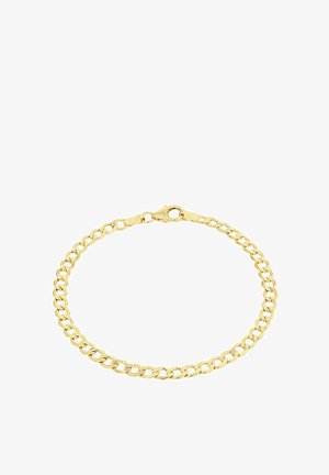 Armband aus Gold mit miteinander verbundenen Gliedern, einer polierten Oberfläche und einem Karabinerverschluss. Einfaches und klassisches Design.