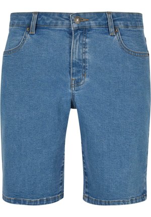 Blaue Denim-Shorts mit geradem Schnitt, Fünf-Taschen-Design, robuster Naht und Knopfverschluss. Der Stoff hat eine glatte Textur.