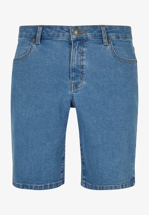 Blauwe denim shorts met een rechte snit, vijf-pocket ontwerp, stevige stiksels en een knoopsluiting. De stof heeft een gladde textuur.