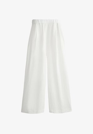 Bijele široke hlače s elastičnom gumom u struku, sa prednjim nabranim detaljima i laganom, teksturiranom tkaninom.