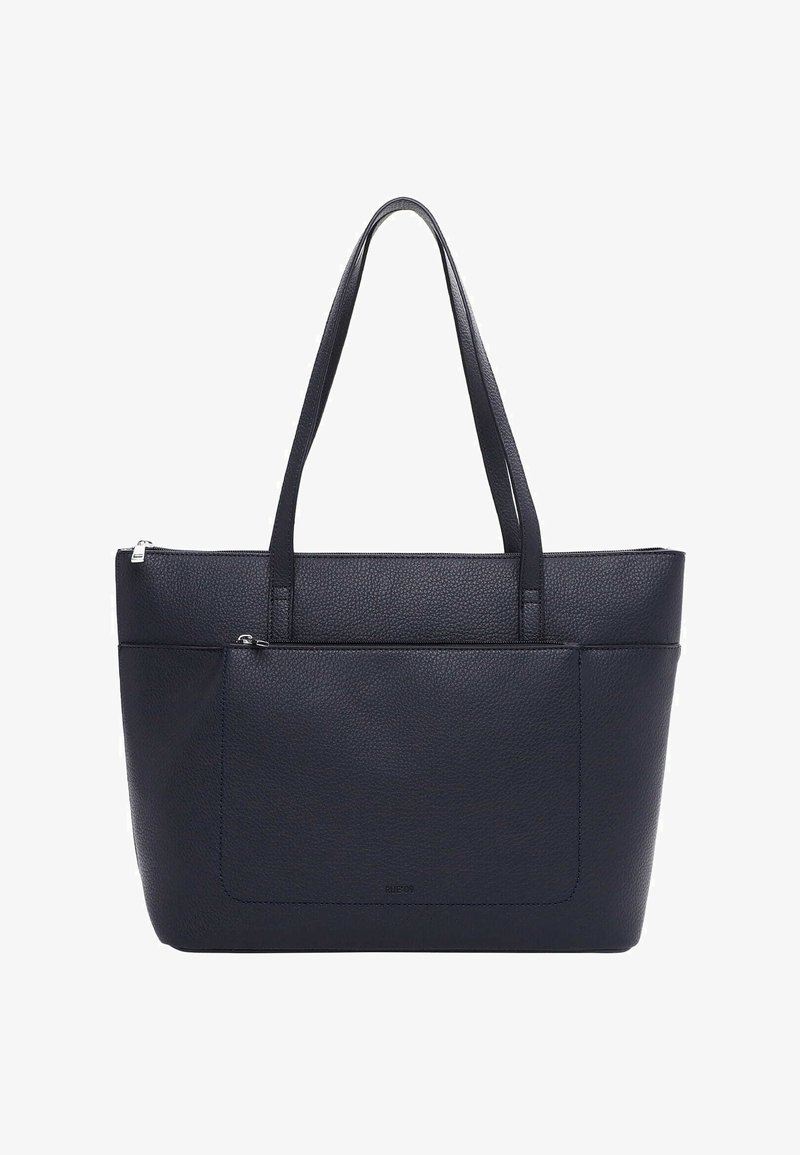 Sac fourre-tout en cuir texturé noir avec deux bretelles pour l'épaule, poche avant zippée et fermeture éclair sur le dessus.