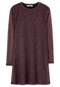 Robe noire à manches longues avec petit imprimé floral rouge et encolure ronde, tissu léger, coupe droite.