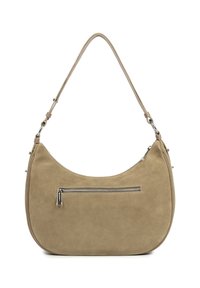 Sac à main en suédine beige avec une silhouette courbée, une bandoulière réglable et une poche zippée à l'avant. Texture lisse et design minimaliste.