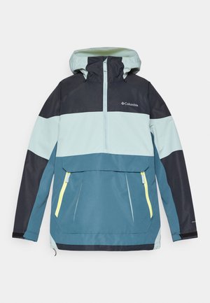 Vedenkestävä vetoketjullinen takki, jossa on huppu, suuri etutasku ja värilohkoasu tumman navy, akvan ja tealin sävyissä, jossa on heijastavat yksityiskohdat.