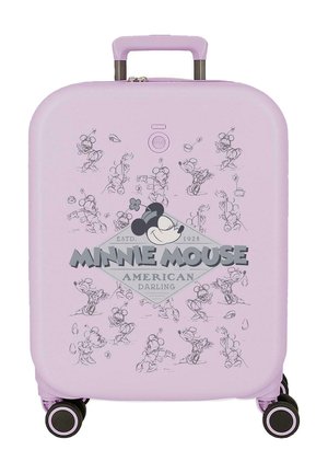 Maleta rígida color lila con ruedas de 360 grados, con múltiples poses esbozadas de Minnie Mouse y texto "Minnie Mouse American Darling".