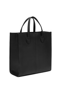 Czarna skórzana torba tote z dwoma uchwytami, ma strukturalny prostokątny kształt, gładką teksturę i minimalistyczny design. Bez widocznego osprzętu.