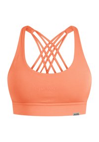 Sostén deportivo coral hecho de tejido elástico, con un escote redondeado y un diseño de espalda con tirantes que presenta patrones entrecruzados.