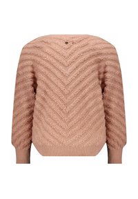Pull en tricot rose texturé avec motif en chevron et bords côtelés, vu de l'arrière.