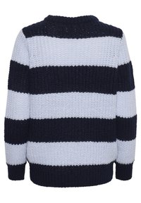 Knitted sweater with navy and light blue horizontal stripes. Crew neck, loose fit, and ribbed cuffs. Textured yarn in a chunky style.