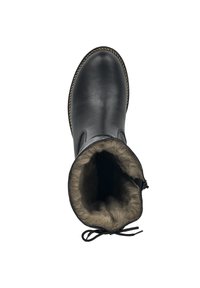 Bottine en cuir noir avec un bout arrondi, doublure en fourrure et couture contrastante. Elle possède un laçage et une texture extérieure lisse.