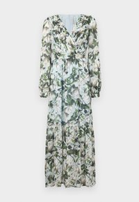 Μακρύ φόρεμα με floral μοτίβο, V-λαιμόκοψη, φουσκωτά μανίκια και πιετά λεπτομέρεια. Διαθέτει διάφανο στρώμα με αποχρώσεις ανοιχτού μπλε, πράσινου και κρεμ.