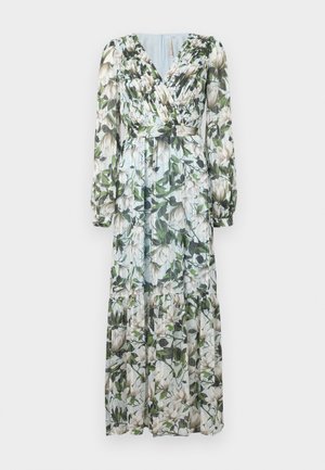 Długa sukienka maxi w kwiaty z dekoltem w serek, bufiastymi rękawami i marszczonymi detalami. Posiada przezroczystą warstwę w odcieniach jasnoniebieskim, zielonym i kremowym.