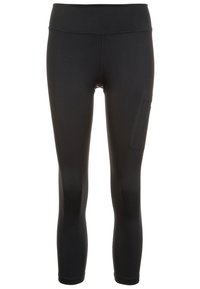 Mustat leggingsit joustavasta kankaasta, joissa on korkea vyötärönauha, sivutasku ja sileä, mattapintainen materiaali.