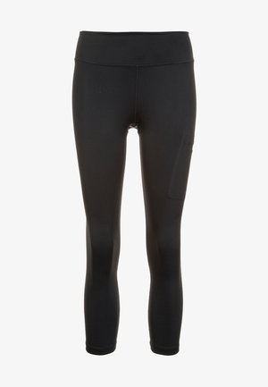 Mustat leggingsit joustavasta kankaasta, joissa on korkea vyötärönauha, sivutasku ja sileä, mattapintainen materiaali.