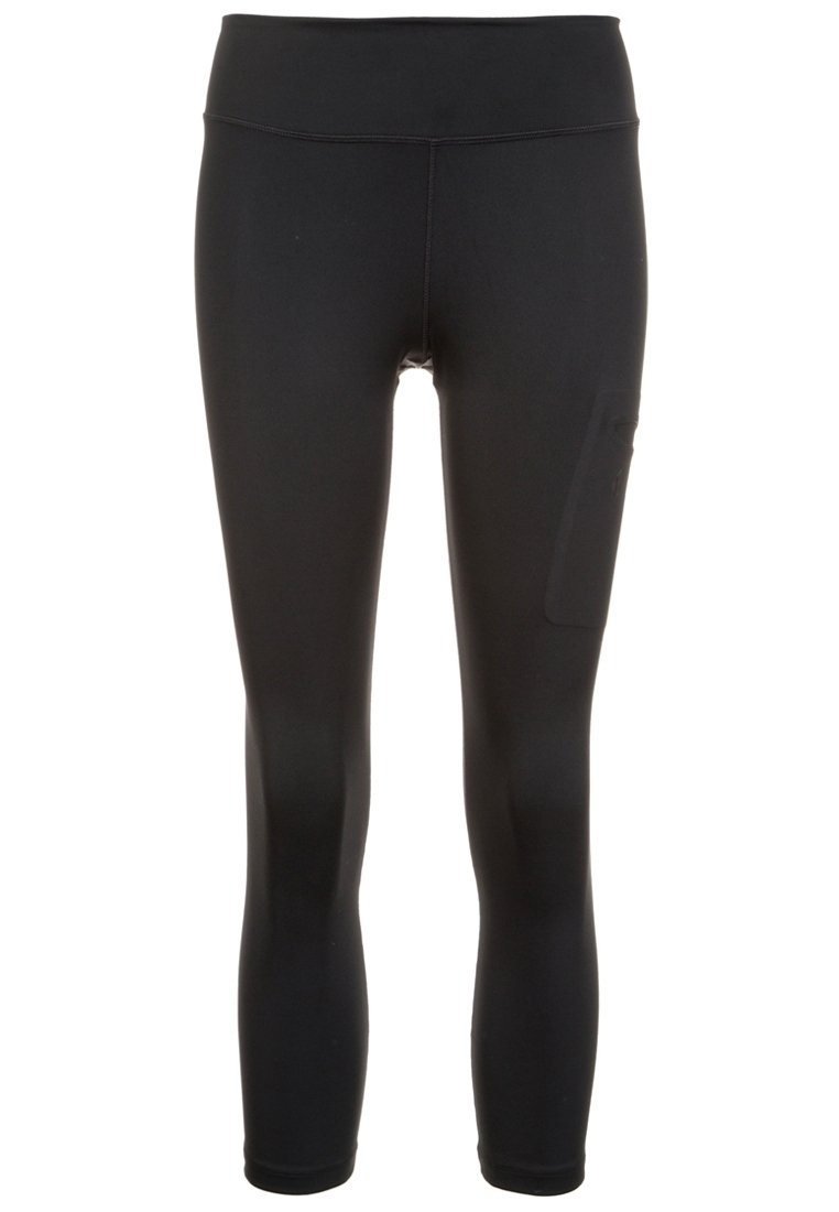 Mustat leggingsit joustavasta kankaasta, joissa on korkea vyötärönauha, sivutasku ja sileä, mattapintainen materiaali.