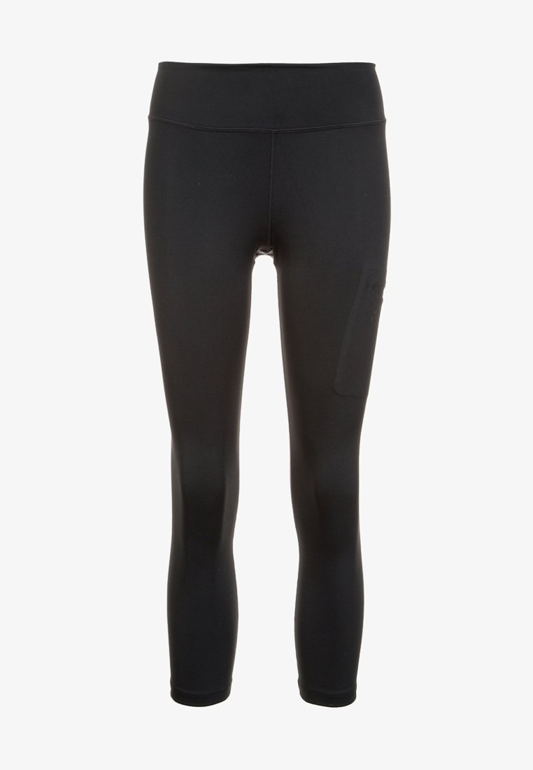 Mustat leggingsit joustavasta kankaasta, joissa on korkea vyötärönauha, sivutasku ja sileä, mattapintainen materiaali.