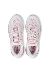 Lightweight running shoes in white with pink accents. Breathable mesh upper, traditional lacing, cushioned insole, and textured rubber outsole.