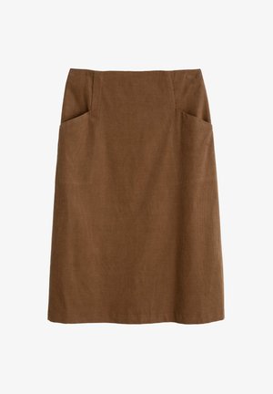 Jupe en coton brun avec une taille ajustée, deux poches latérales et une coupe droite. Le tissu a une texture douce et un subtil éclat.