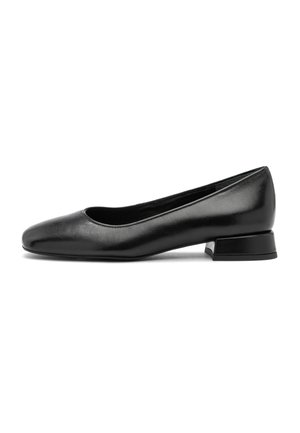 Black low-heeled leather pump with rounded square toe, smooth finish, and closed slip-on design, shown in side profile on white background.