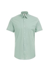 Kortärmad skjorta i ljusgrön bomull, med klassisk krage, slät yta och rak fåll med en strukturerad passform.