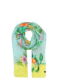Lettsom, gennemsigtig tørklæde med en turkis base prydet med blomstermotiver og citrusfrugter. Kanterne er gule, hvilket tilføjer kontrast og detaljer.