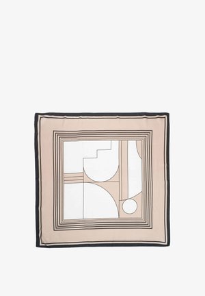 Zijde sjaal met een geometrisch ontwerp met beige, witte en zwarte lijnen. Omzoomd met een zwarte rand, toont het abstracte vormen en patronen.