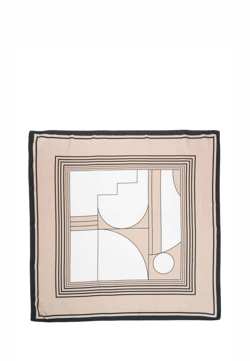 Jedwabny szal z geometrycznym wzorem w beżowe, białe i czarne linie. Obramowany czarną ramką, prezentuje abstrakcyjne kształty i wzory.