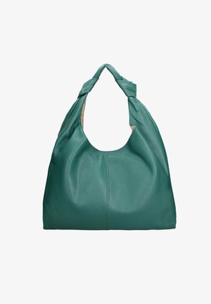 Sac à épaule en cuir teal avec une finition texturée, doté d'une sangle torsadée et d'un compartiment principal spacieux. Ajustable et au drapé doux.