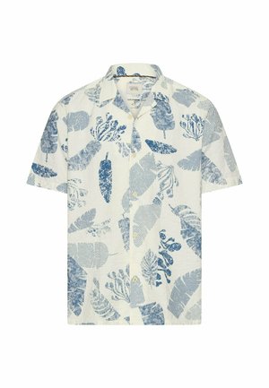 Kortærmet hvid skjorte med blå botaniske blad- og planteprint, knappet front og spredt krave.